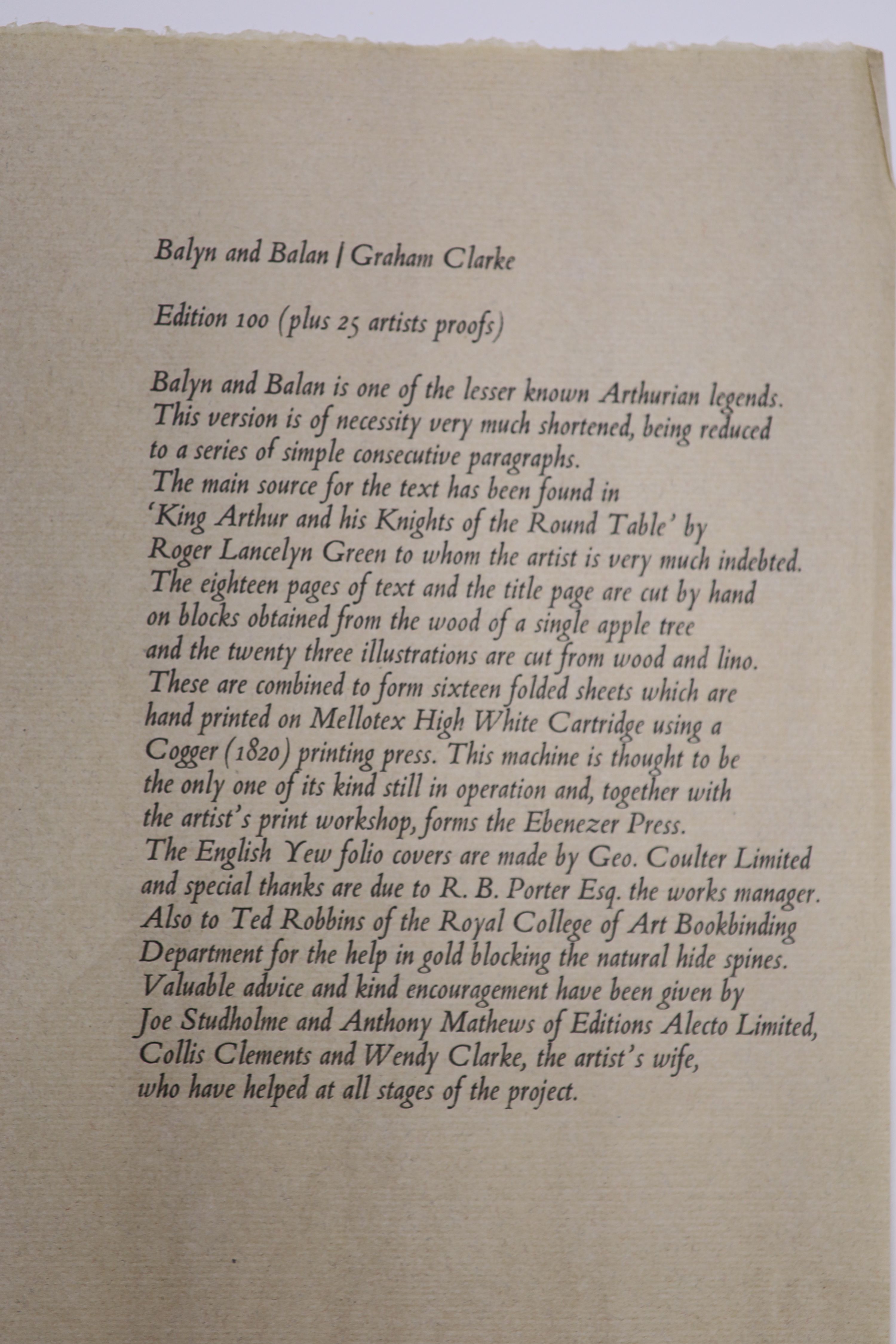 Graham Clarke, limited edition folio, 'Balyn and Balan', signed in pencil, 76/100, overall 53 x 37cm